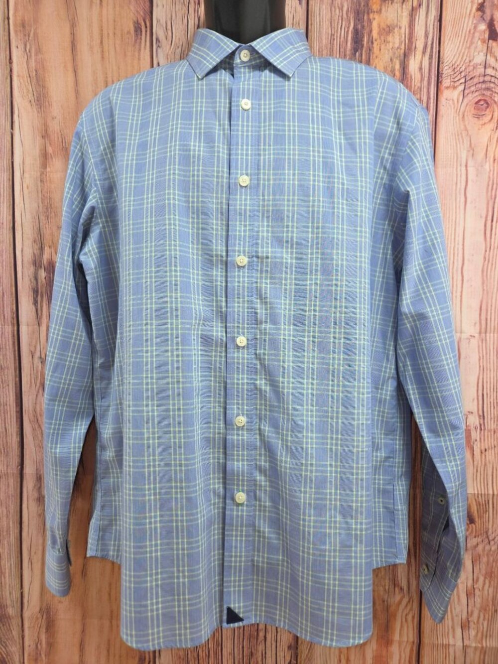 Untuckit Mens Blue Plaid Wrinkle-Free Button-Up Shirt Large